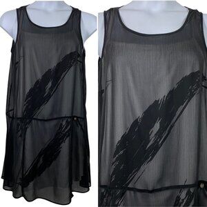 Mado Et Les Autres 44 Dress Sleeveless Black White Layered Feather Graphic Sheer